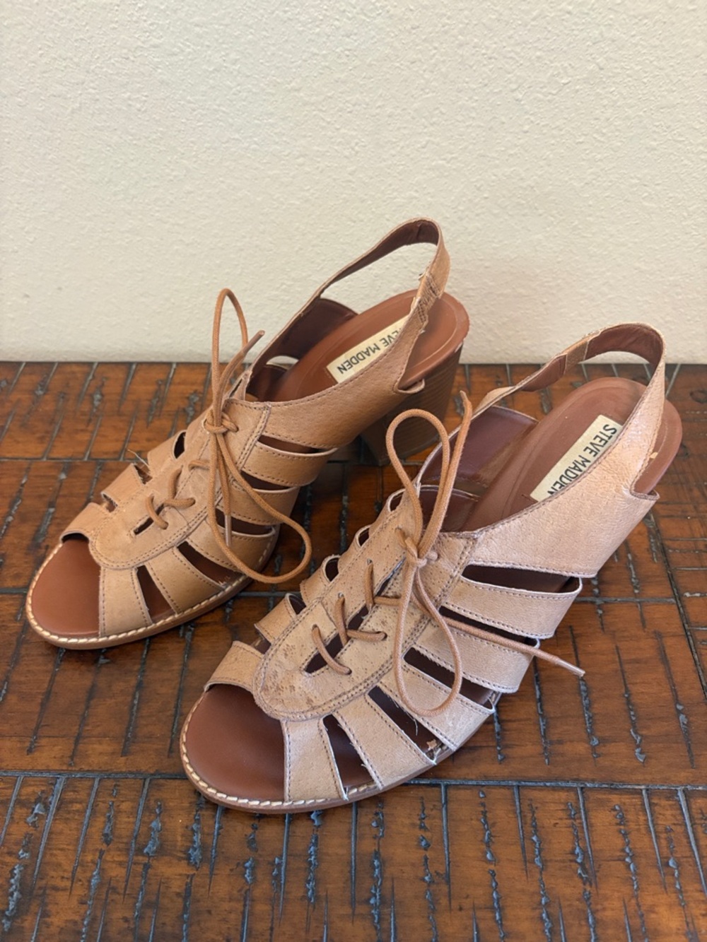 Steve Madden Tan Lace-Up Gladiator Block Heeled Sandals - Picture 2 of 8